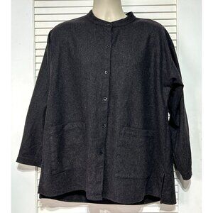 Eileen Fisher Women's Charcoal Soft Wool Flannel Mandarin Collar Shirt Sz L 3229